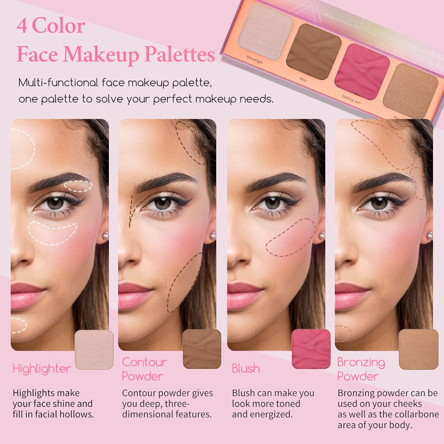 Kit de maquillaje de sombra de ojos para principiantes, adolescentes, juego de maquillaje en polvo incluido resaltador, rubor, polvo bronceador,