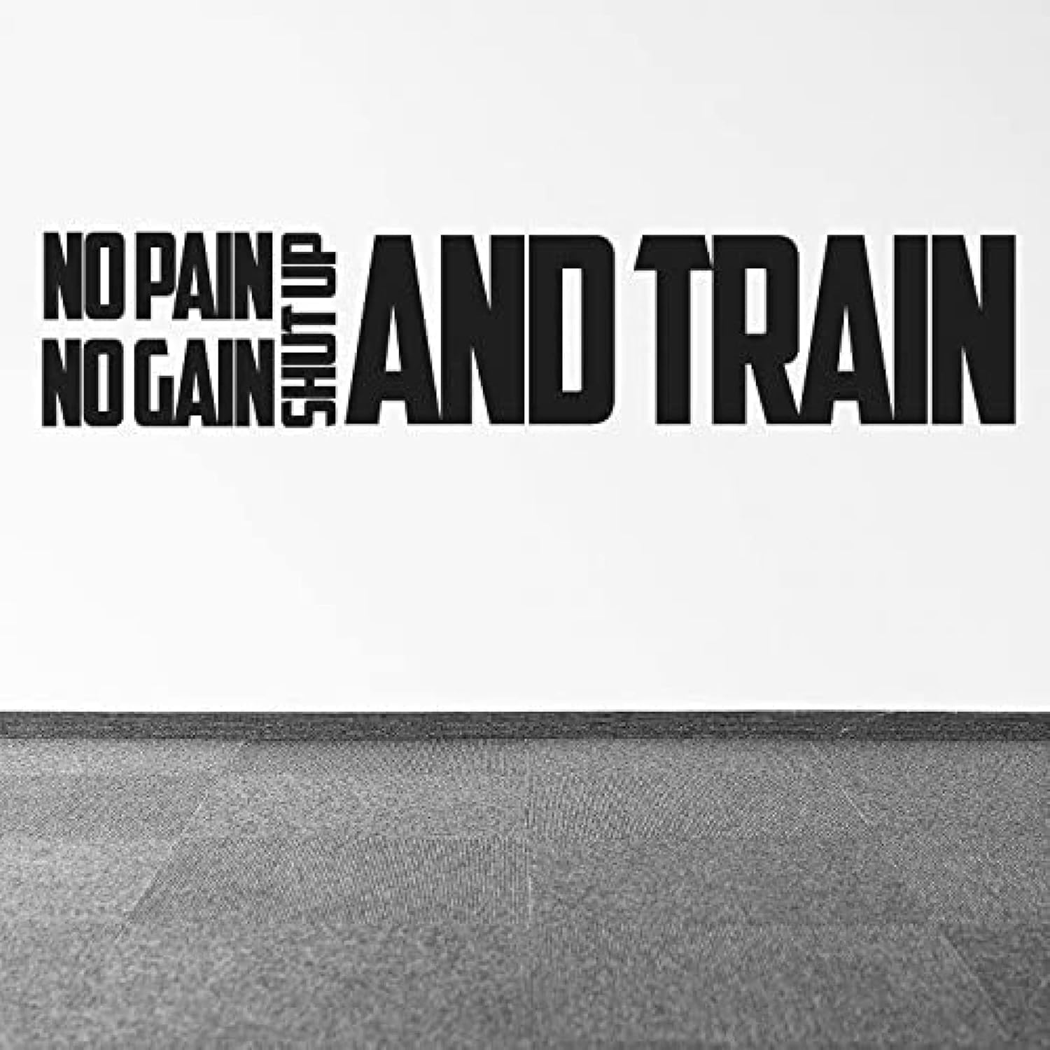 YJQQ No Pain No Gain Shut Up and Train – Arte de pared con citas motivacionales – Adhesivo de pared de entrenamiento de 9.8 in x 50.0 in – Adhesivo