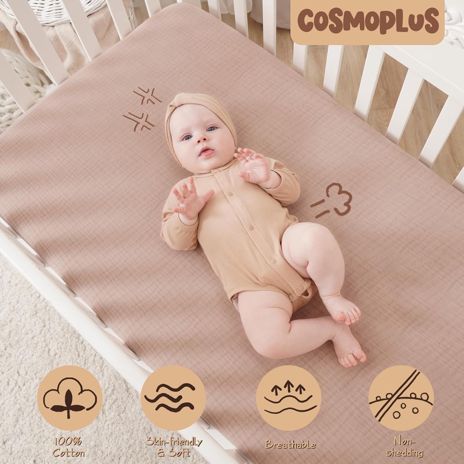COSMOPLUS -Sábanas de muselina para cuna para niñas, niños, neutros, paquete de 2 sábanas bohemias para cuna, sábana bajera ajustable para colchón