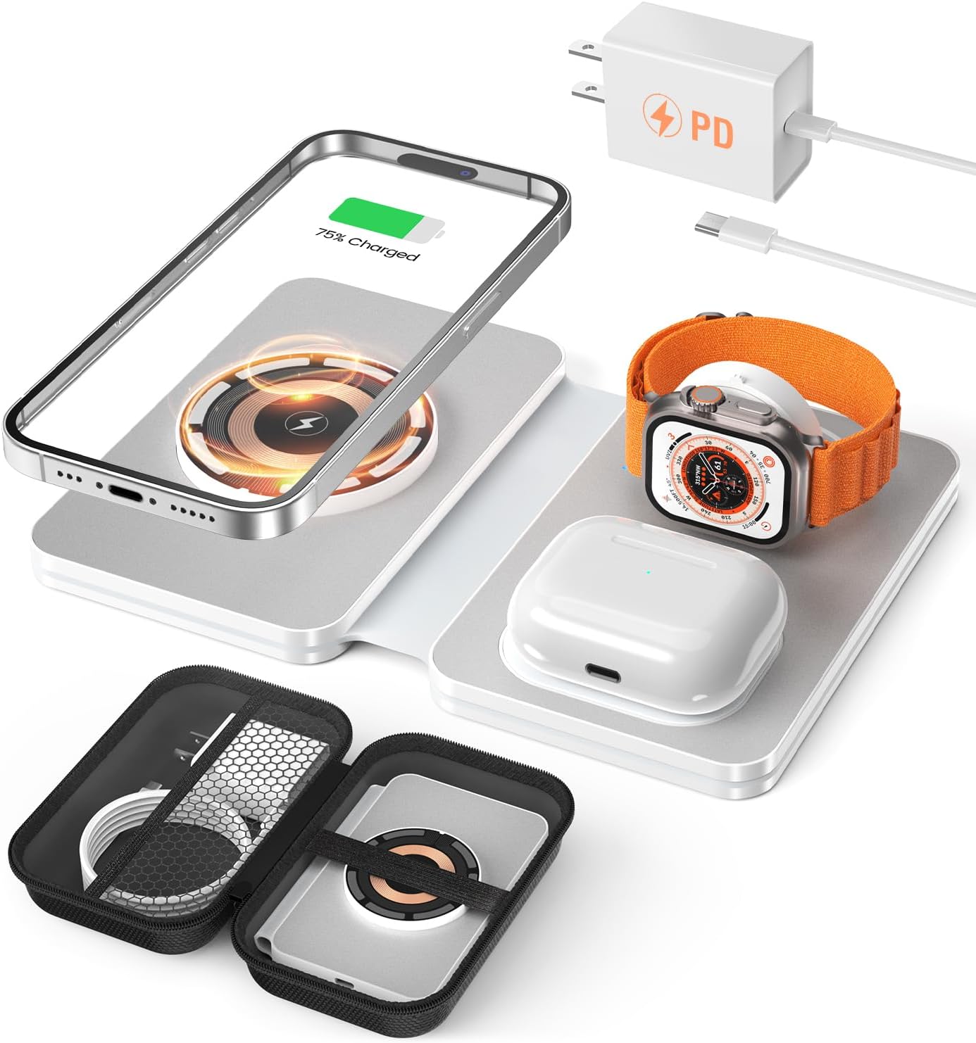 Estación de carga 3 en 1 para dispositivos Apple, cargador inalámbrico Mag-Safe de 21 W, cargador de viaje plegable para múltiples dispositivos para
