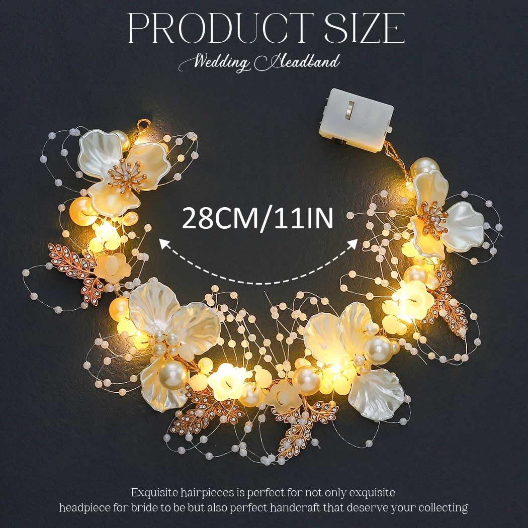 GORAIS Diadema de novia con perlas doradas, accesorios para el cabello de vid iluminados para novias y niñas de flores