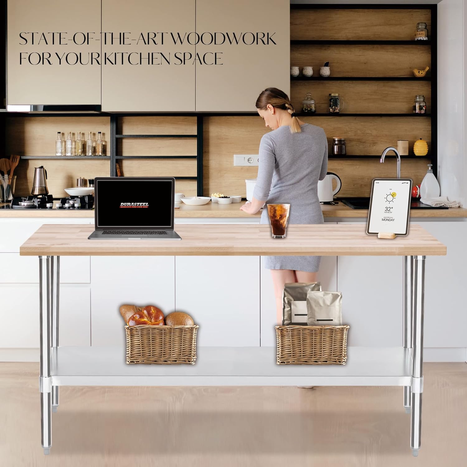 DuraSteel Mesa de trabajo de madera con parte superior de arce de EE. UU., 30 x 72 x 35 pulgadas, banco de trabajo de madera con estante inferior