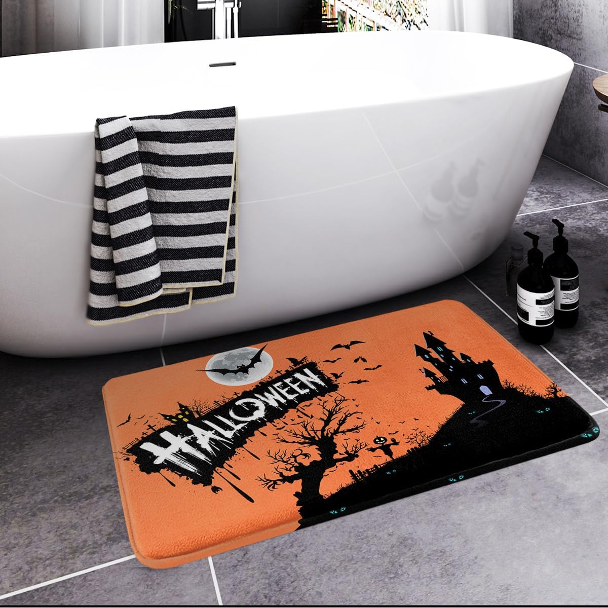 Britimes Tapete de baño de Halloween para baño, castillo bajo tumbas nocturnas naranjas, tapete de baño antideslizante, tapete de piso de 16 x 24