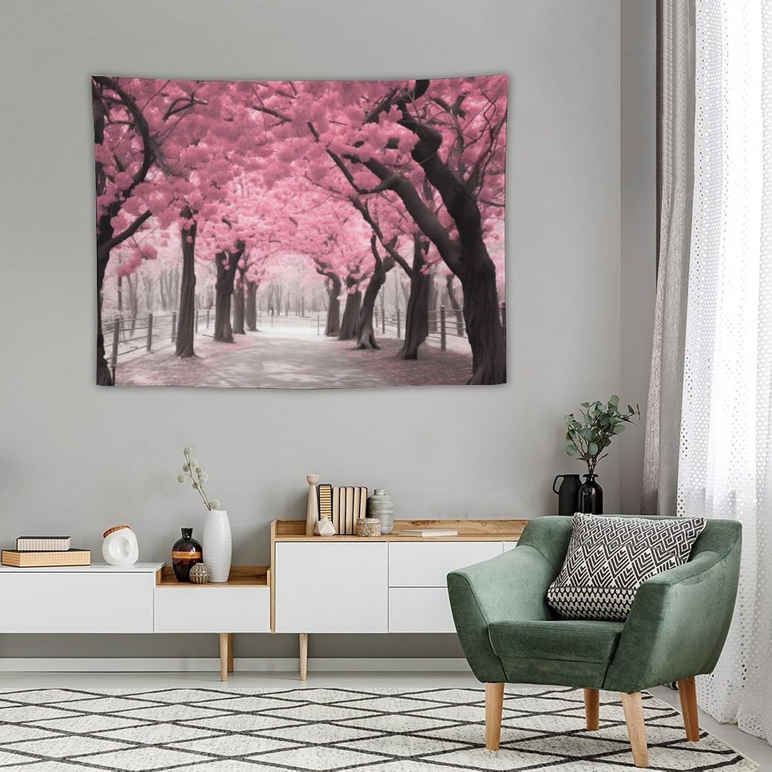 BAHELS Tapiz de bosque floral rosa para decoración del hogar, flores de cerezo de primavera, tapiz de paisaje de flores francesas, tapiz para colgar