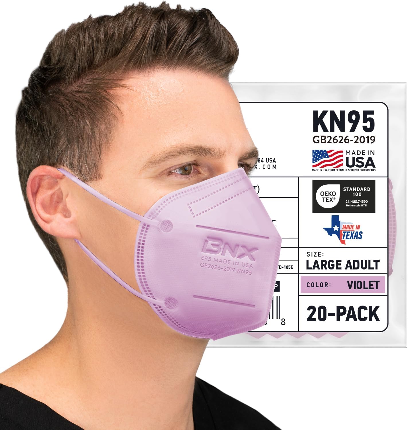 BNX KN95 – Mascarillas faciales fabricadas en Estados Unidos (adulto grande, adulto mediano, niños pequeños) (cinta para las orejas) (modelo