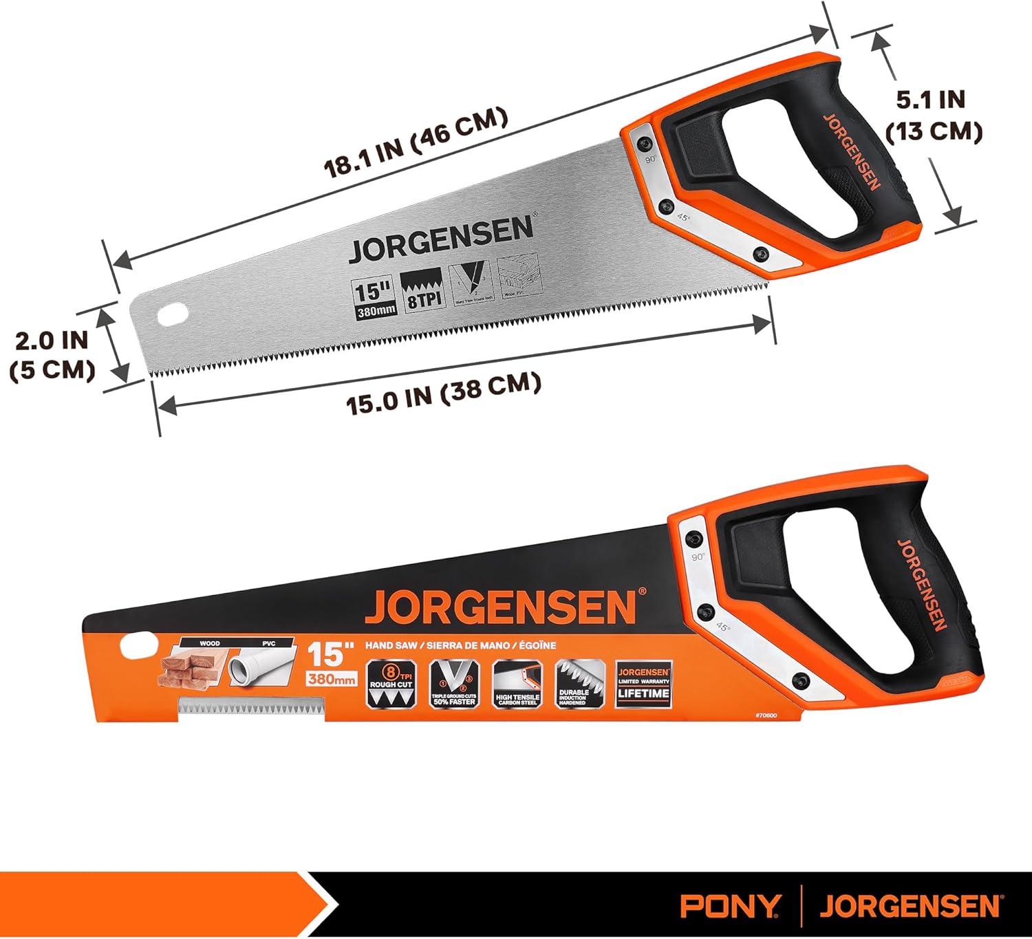 JORGENSEN – Sierra de mano profesional de 15 pulgadas, 8 TPI de corte fino ergonómico antideslizante de aluminio mango de soldadura ultrasónica para