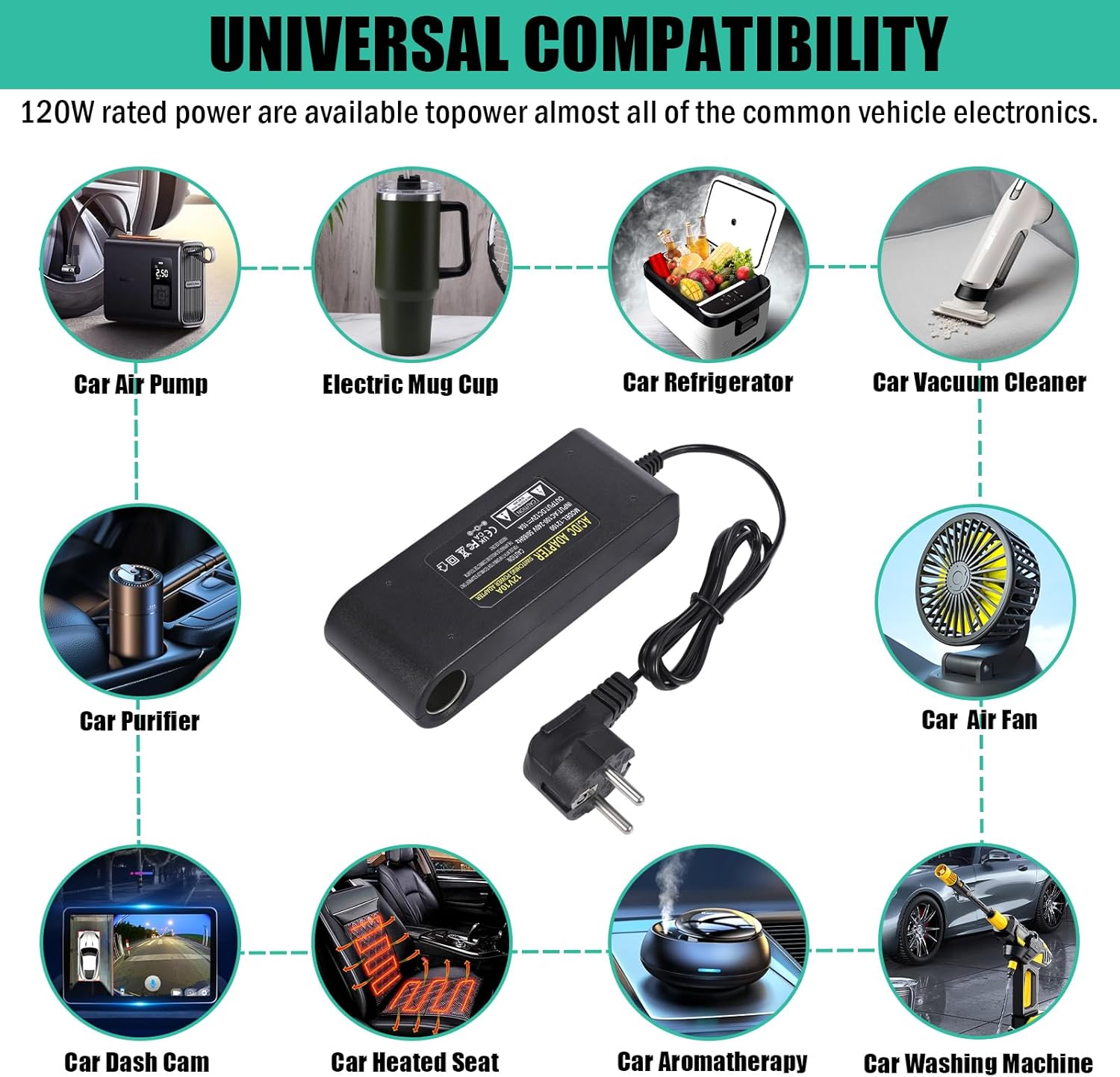 Adaptador de corriente de 12 V 10 A, convertidor de cargador de automóvil, enchufe de encendedor de cigarrillos de automóvil, adaptador de fuente de