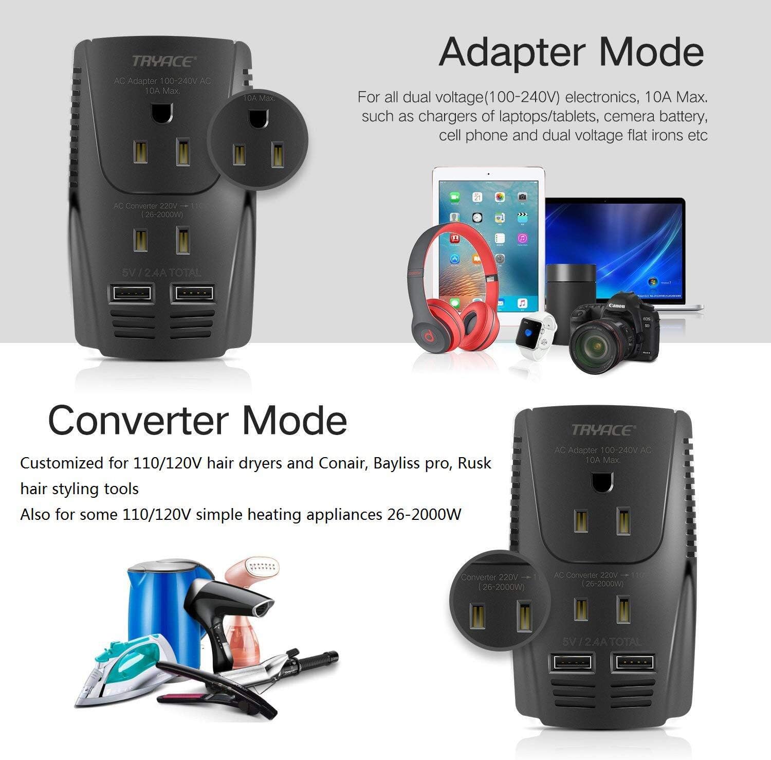 Convertidor de voltaje mejorado de 2000 W, 220 V a 110 V, voltaje reductor para secador de pelo, alisador, rizador, convertidor de corriente para