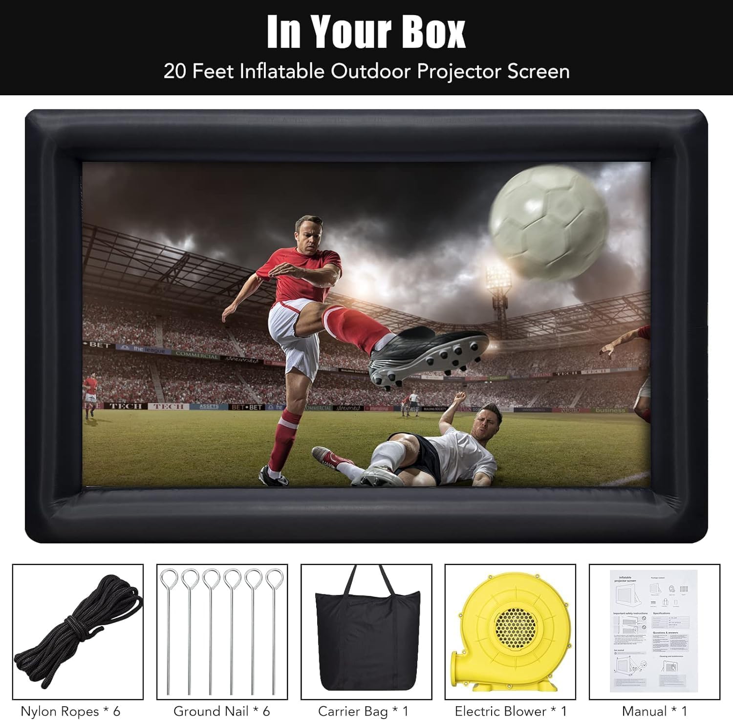 CHEINAUTO – Pantalla de proyector inflable, 20 pies, portátil, para exteriores, proyección frontal y trasera, con cuerda, soplador de aire, clavos