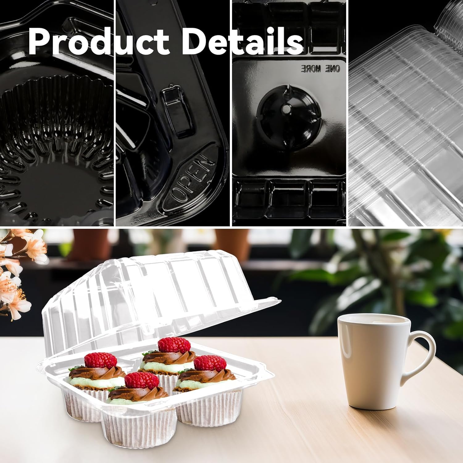 Paquete de 40 cajas de plástico transparente para cupcakes de 4 compartimentos, soportes para cupcakes de 4 cavidades, recipientes transparentes