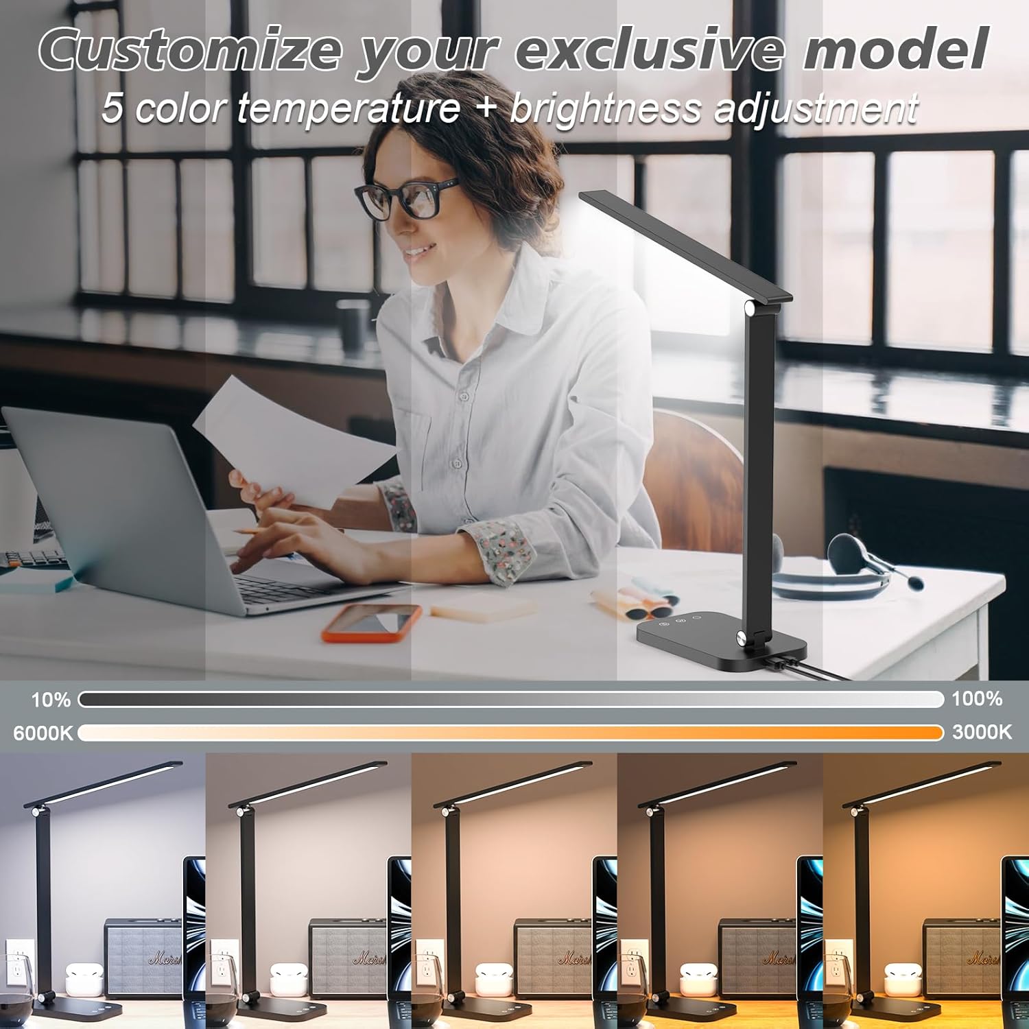 Lámpara de escritorio LED brillante para dormitorio universitario, luz de escritorio plegable para oficina en casa, lámparas de escritorio de