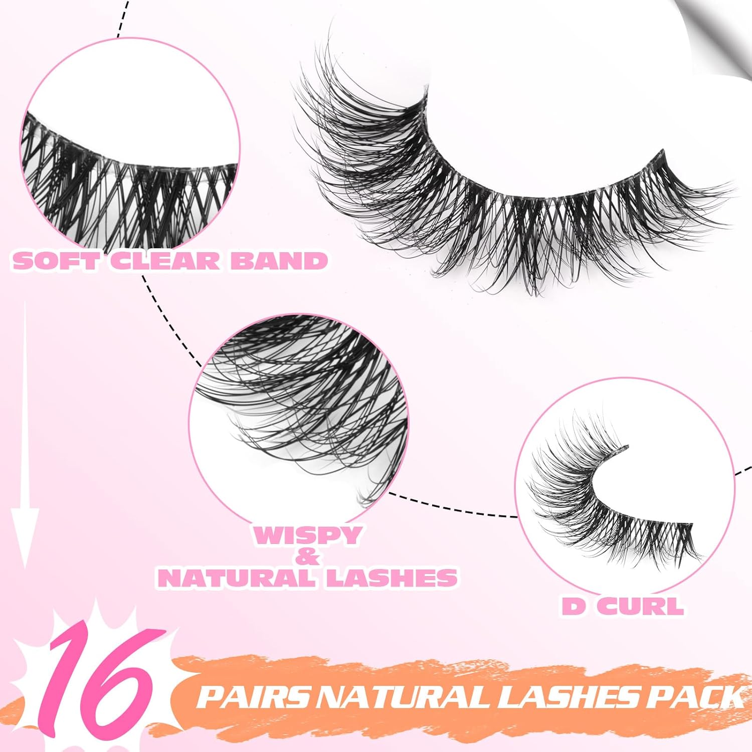 Pestañas de ojo de gato, pestañas postizas de banda transparente, pestañas postizas esponjosas de aspecto natural, 16 pares de pestañas de visón