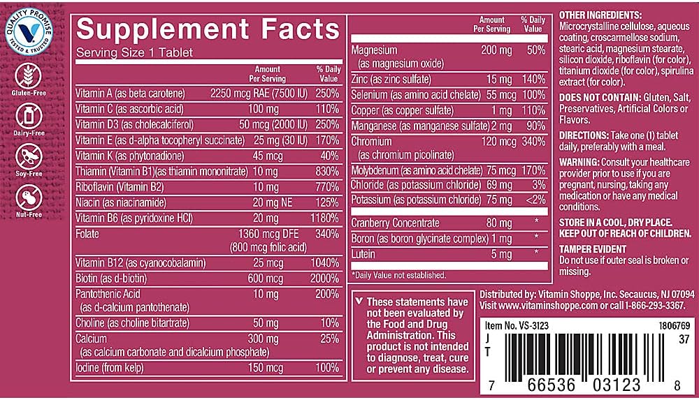 The Vitamin Shoppe One Daily Multivitamínico para mujer 50+ sin hierro, suplemento multimineral, apoya la producción de energía, apoya la salud