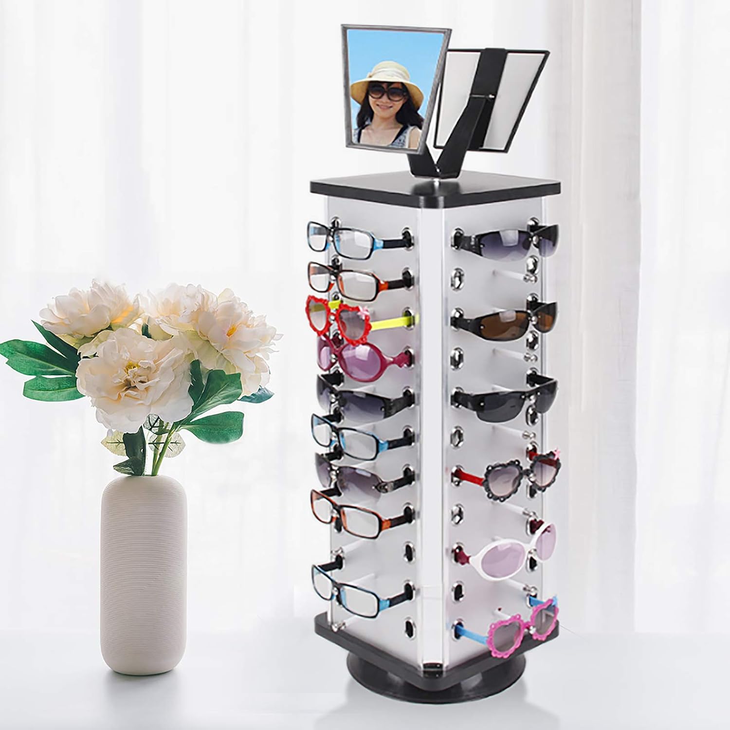 44 pares de exhibidores de lentes de sol, soporte giratorio comercial de 360, soporte de almacenamiento independiente para lentes con espejo,