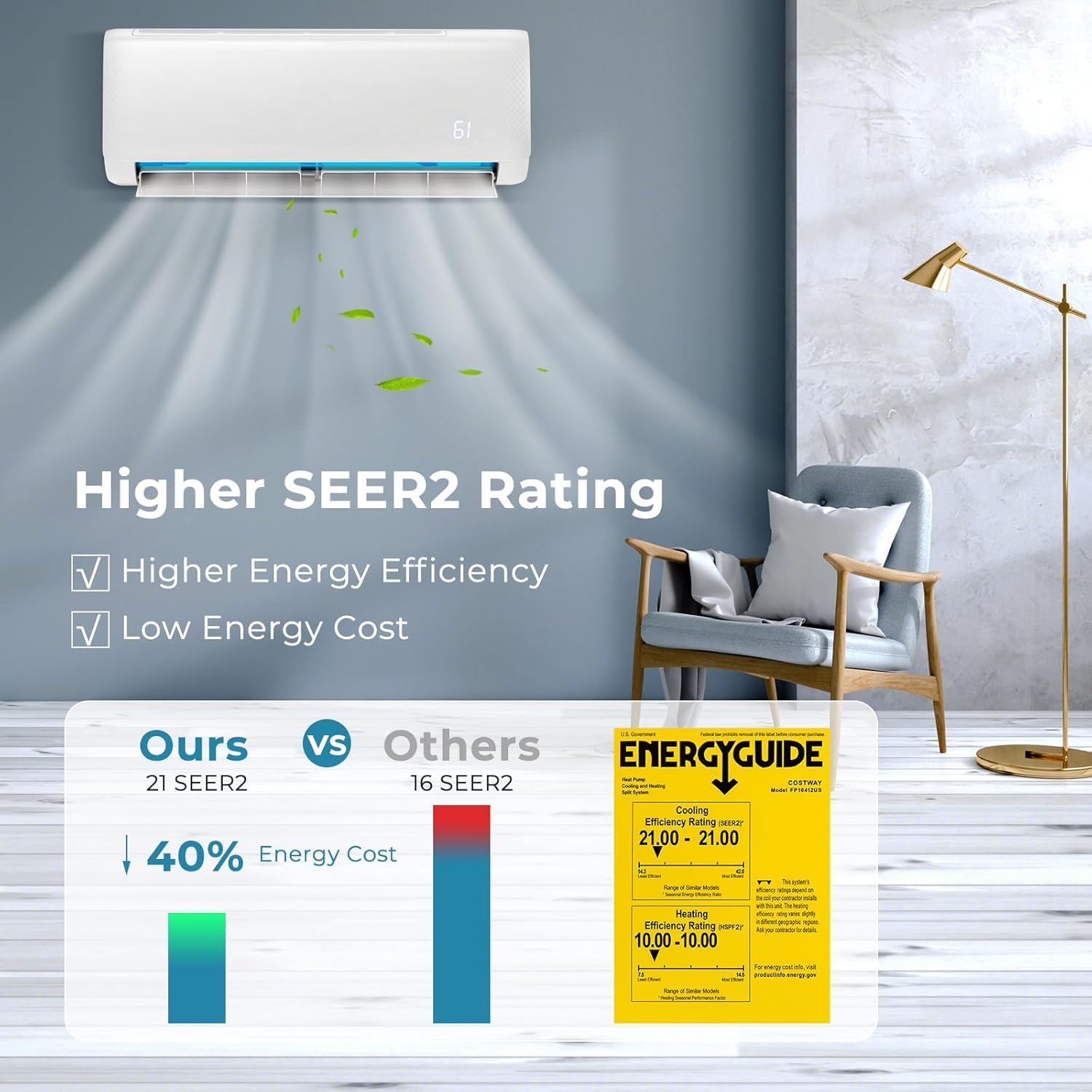 PETSITE Mini sistema de calefacciónaire acondicionado dividido de 12,000 BTU, inversor sin conductos SEER2 con bomba de calor precargada, mini split