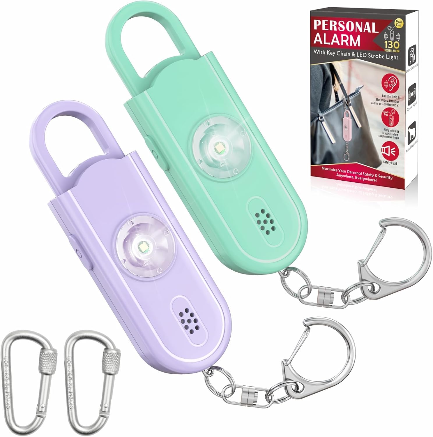 Safe Sound – Alarma personal con sonido seguro, paquete de 2 llaveros de alarma de seguridad de emergencia de 130 dB con luz LED estroboscópica,
