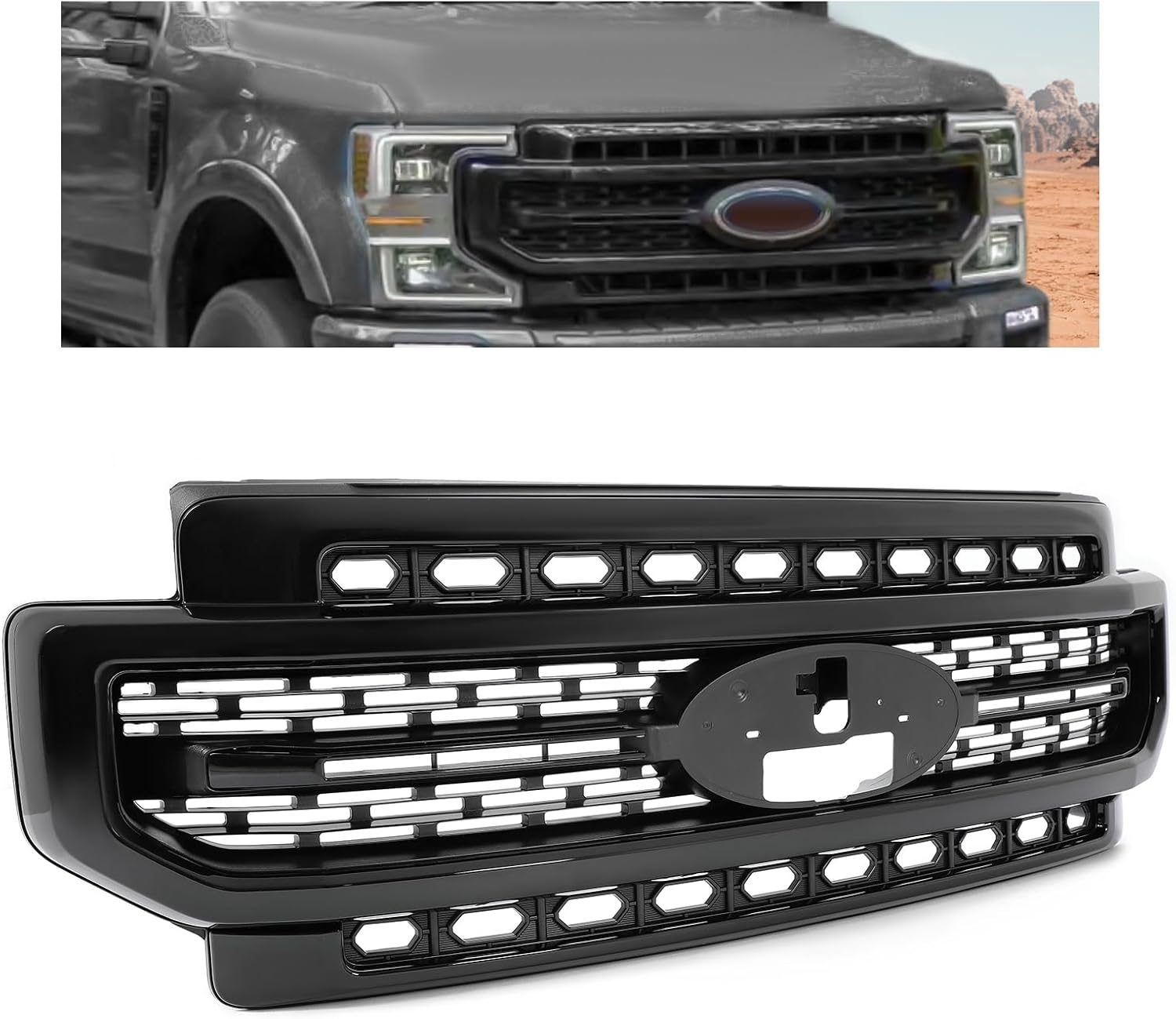 HECASA Rejilla superior delantera compatible con Ford F250 F350 2020-2022 Super Duty Parrilla de parachoques pintada de negro