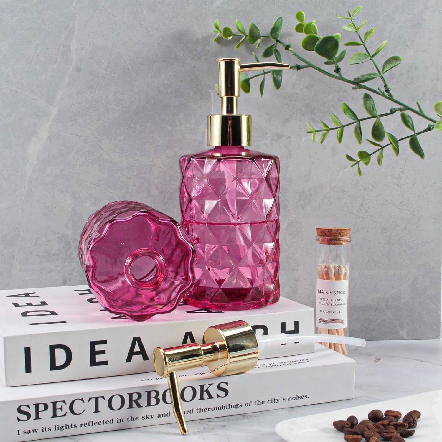 Dispensador de jabón con bomba, dispensador de jabón con patrón de diamante para encimera de cocina, baño, accesorios de baño rosa intenso (paquete