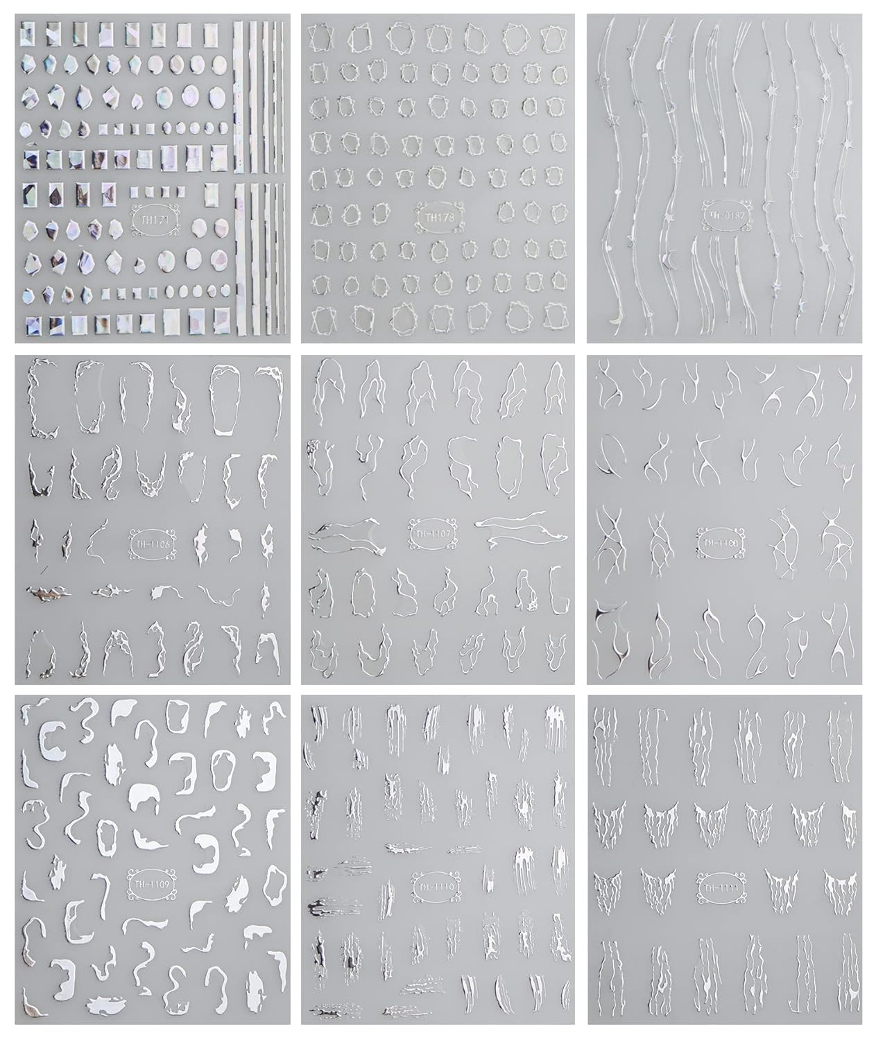 JMEOWIO 9 hojas de calcomanías de arte de uñas de línea de mármol, calcomanías autoadhesivas para uñas, suministros de uñas plateadas, accesorios de
