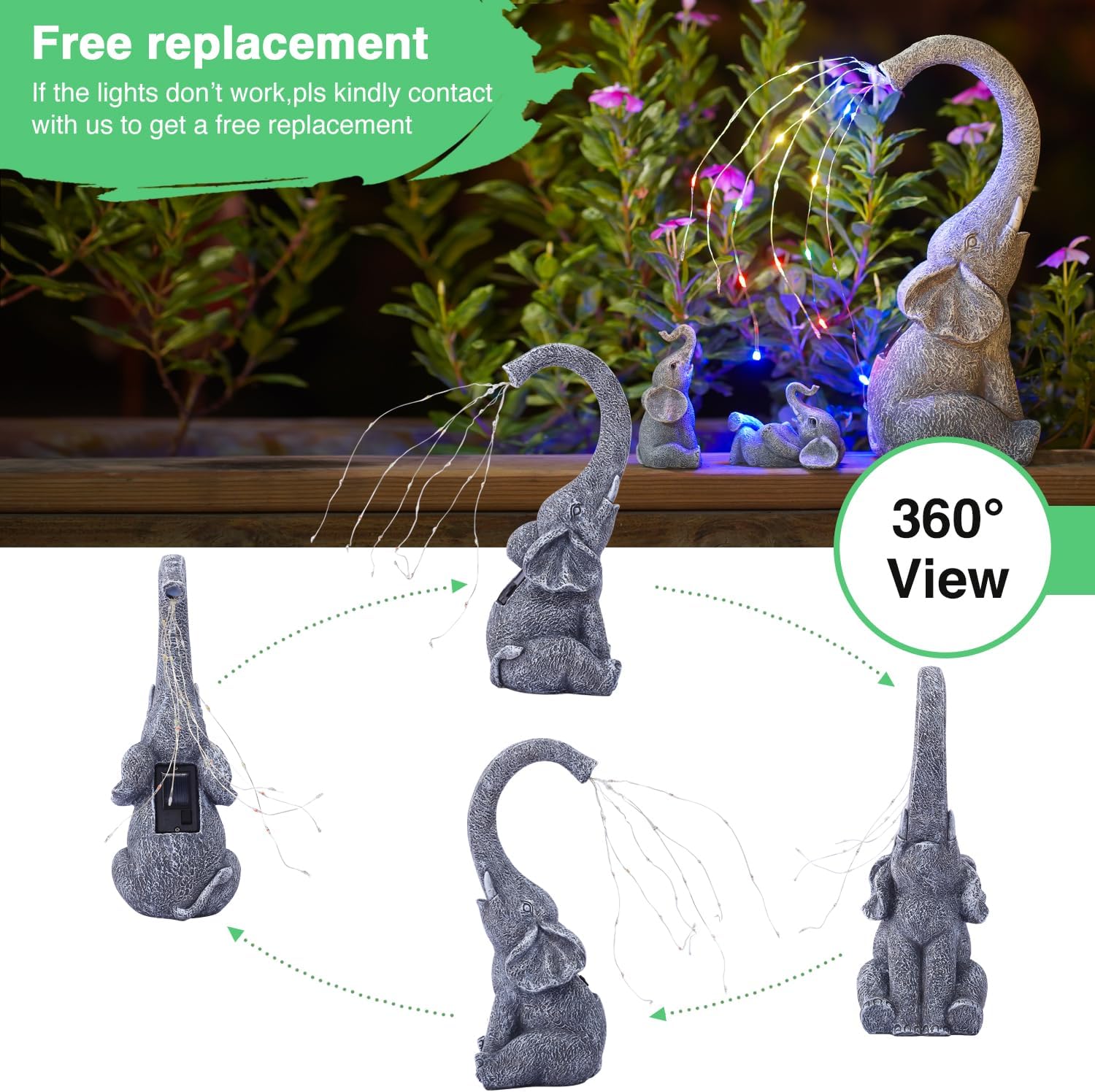 Estatua de elefante con luces de riego solares, decoración de jardín, figuras impermeables para exteriores, regalos de elefante de buena suerte,