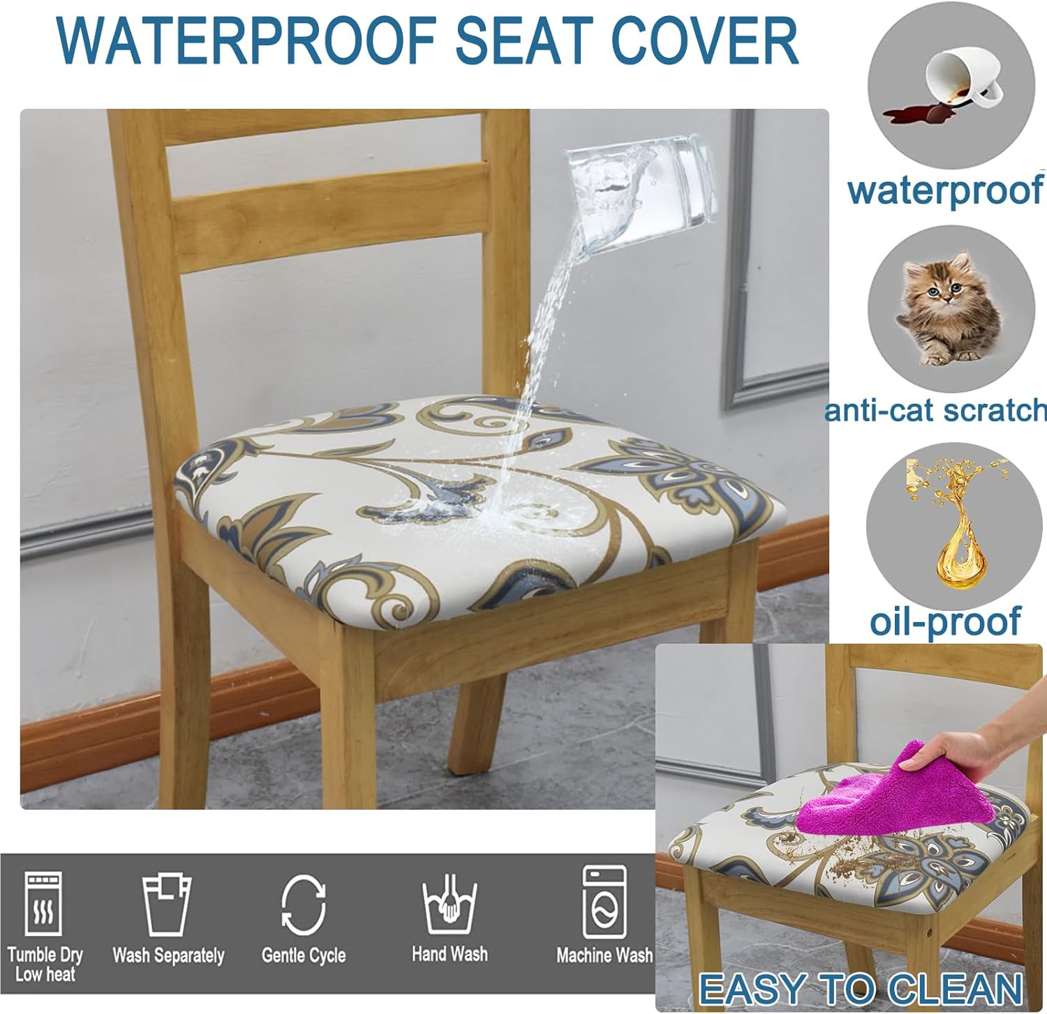 HAOYONG Funda de asiento impermeable para silla de comedor, fundas para sillas de cocina, fundas de TPU impermeables con estampado de poliuretano