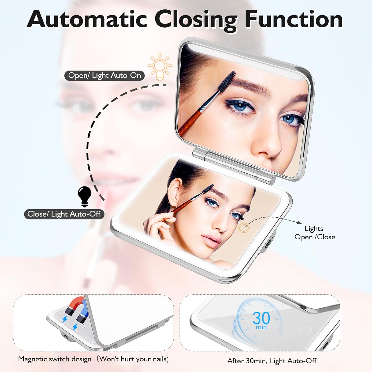 Omobolanle Espejo de maquillaje de viaje con luces, espejo de escritorio con luz, espejo de aumento 5X con soporte, luces de apagado automático,