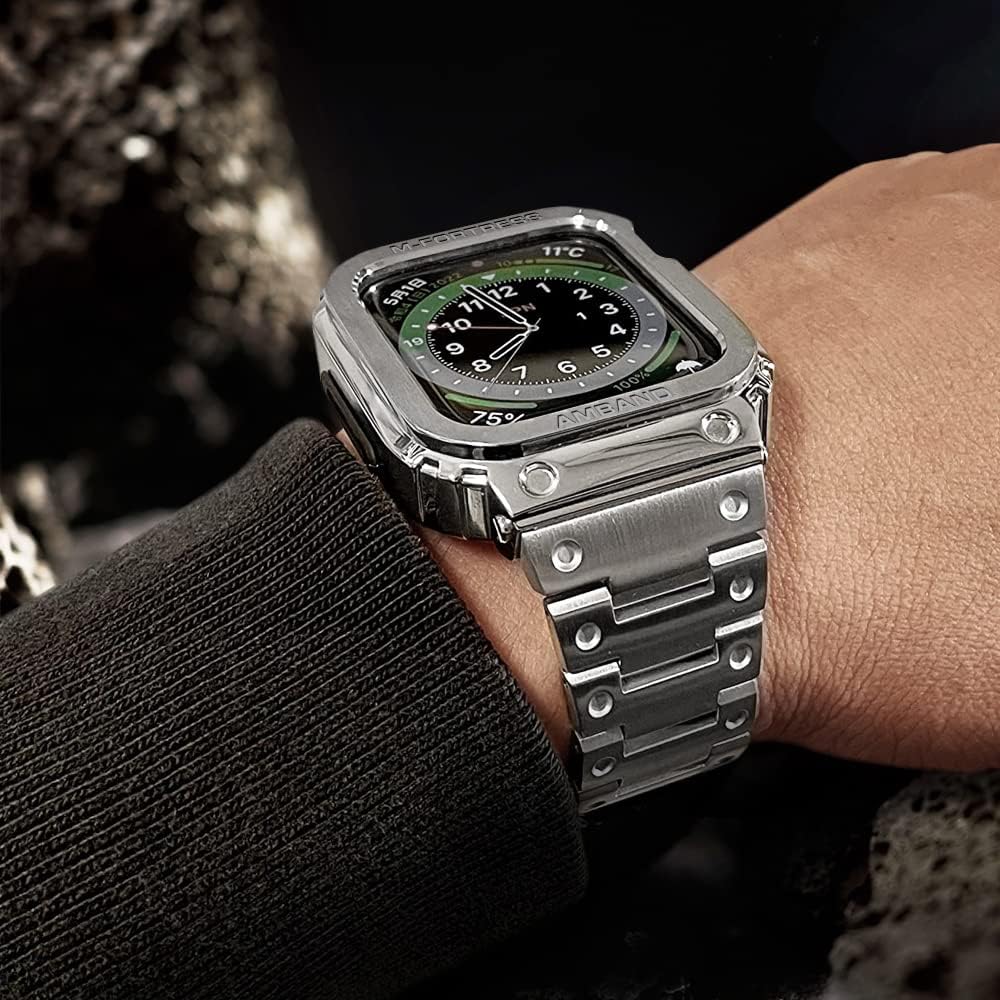 amBand – Funda resistente de acero inoxidable contra golpes compatible con Apple Watch Series 76SE54 de 1.57 pulgadas, 1.65 pulgadas, Moving