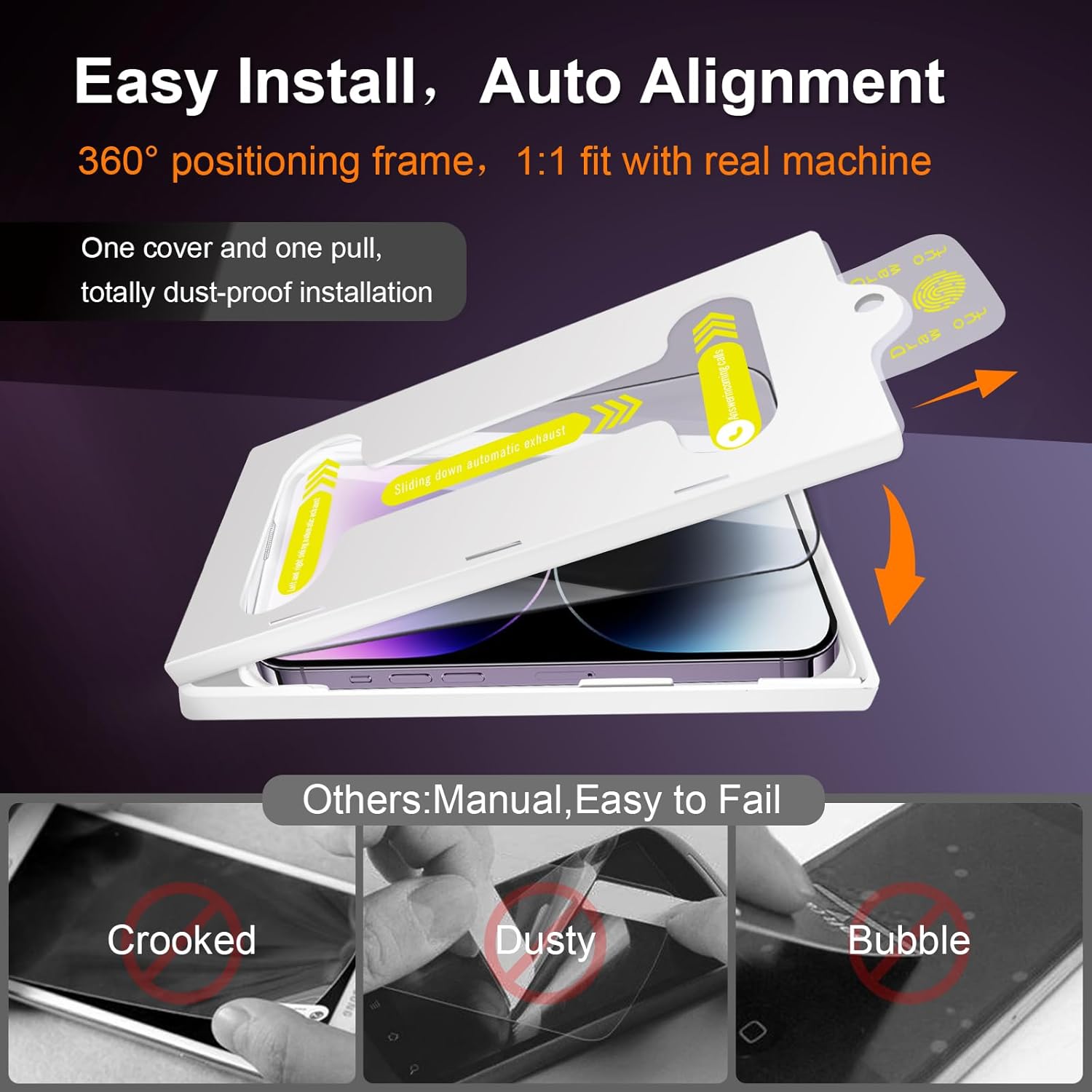 Paquete de 2 protectores de pantalla para iPhone 14 Pro Max, vidrio templado transparente HD 9H alineación automáticainstalación sin polvo sin