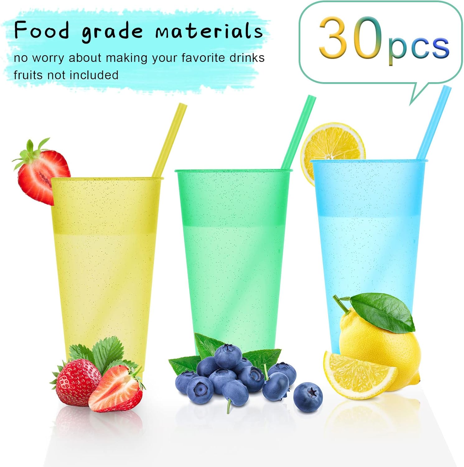 Paquete de 30 vasos con popote y tapa, botella de agua a granel, taza de viaje para café helado, vasos de plástico reutilizables para fiestas,
