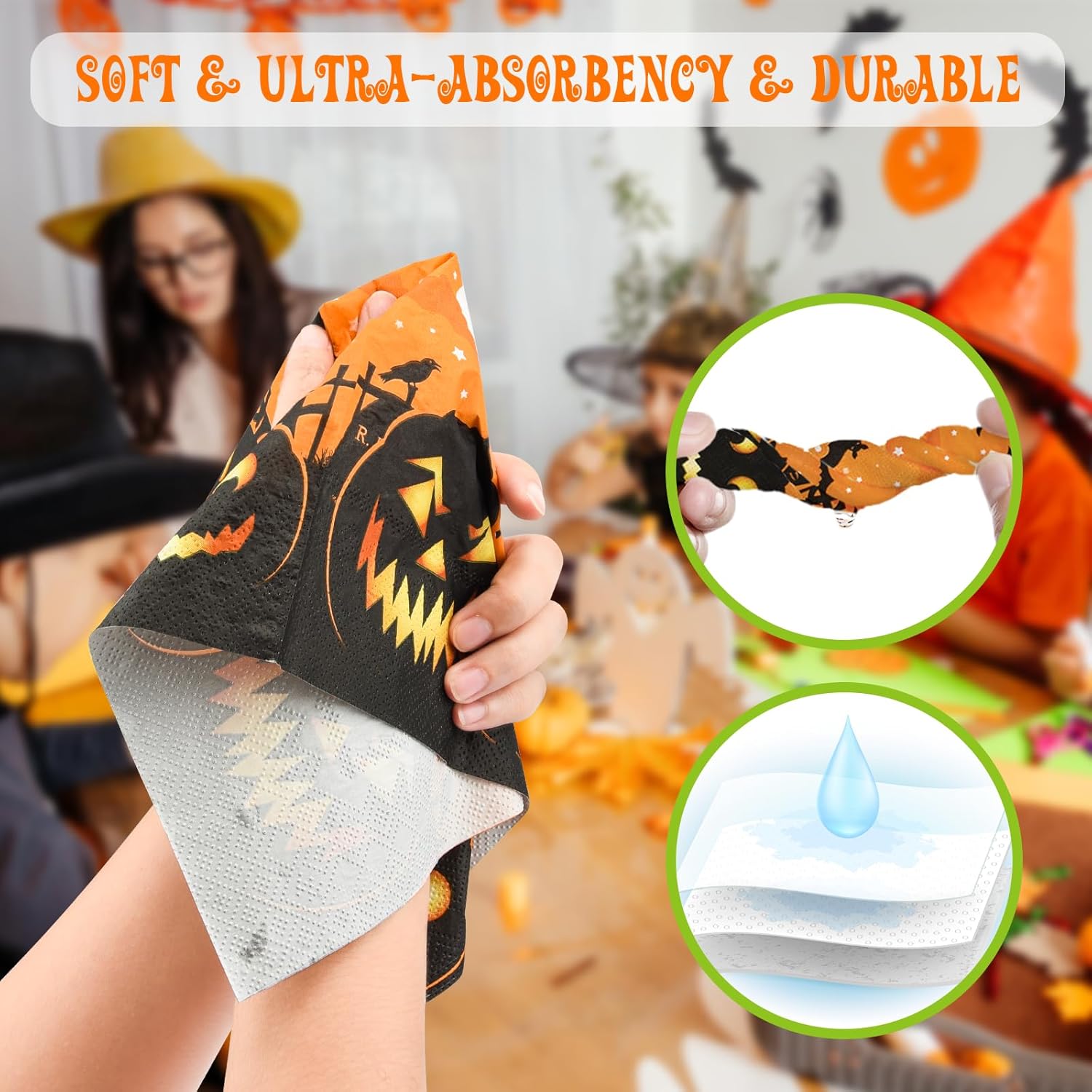 100 servilletas de Halloween de papel, calabazas de papel, cócteles, bebidas, almuerzo, servilletas de cena, suministros de fiesta, decoraciones de