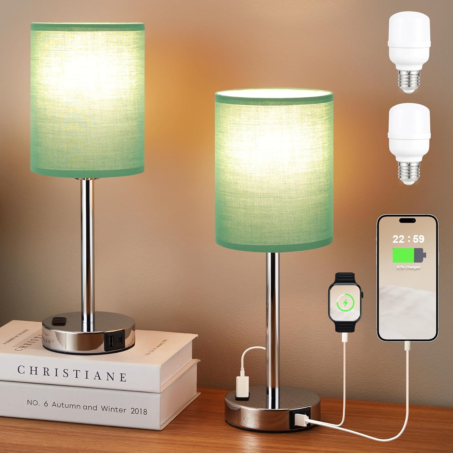 Innqoo Juego de lámparas de mesa táctiles verde azulado de 2 a 3 vías regulables con puertos USB C y A y tomas de corriente, lámpara moderna de