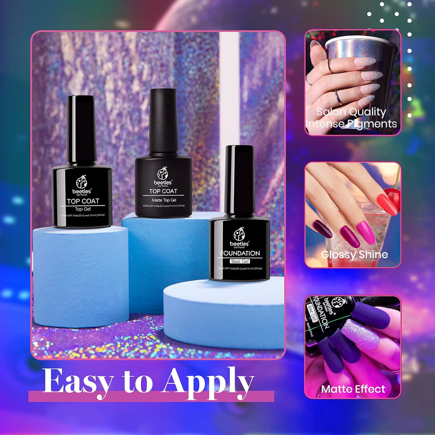 beetles Gel Polish Beetles – Juego de 20 esmaltes de uñas de gel, colección Euphoria de medianoche, morado, azul, rosa intenso, esmalte de gel con