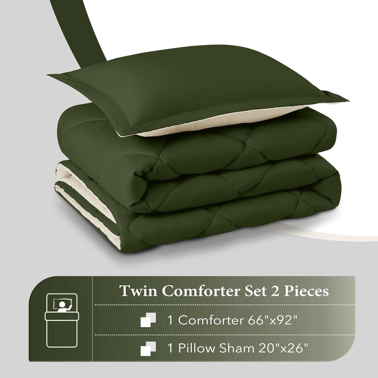 downluxe Juego de edredón ligero (individual) con 1 funda de almohada, juego de 2 piezas, color verde liquen y blanco, edredón reversible