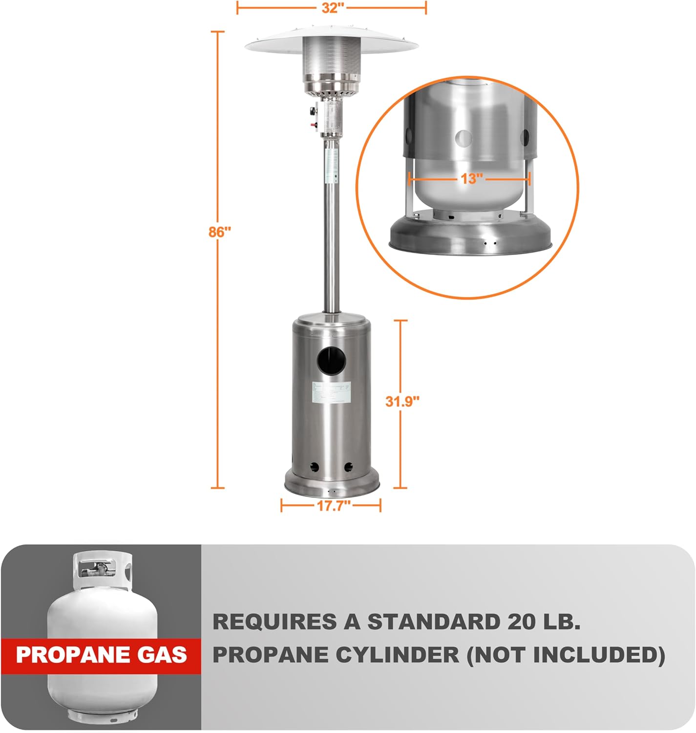 Nuu Garden Calentador de propano para exteriores, calentador de gas de 46,000 BTU para exteriores con ruedas, quemador de acero inoxidable con