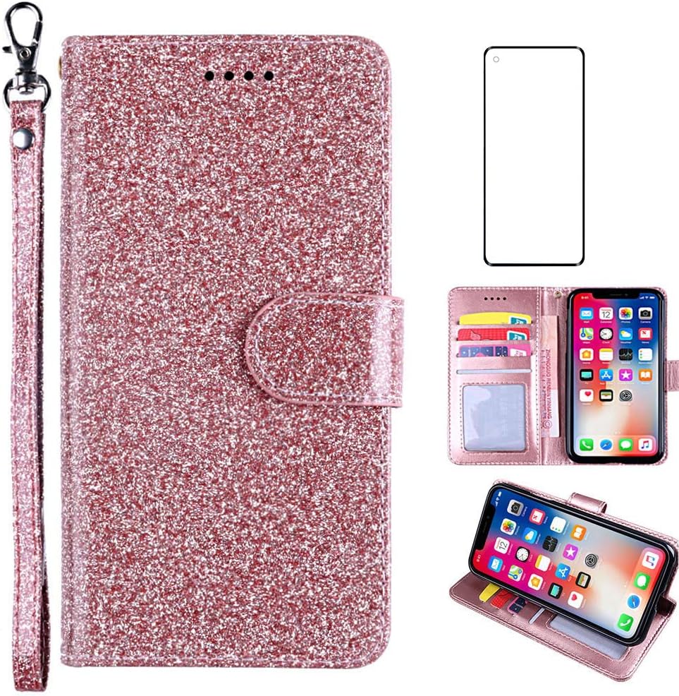 Funda con purpurina para Oneplus 8 con protector de pantalla de vidrio templado y ranura para tarjetero con función atril de cuerpo completo