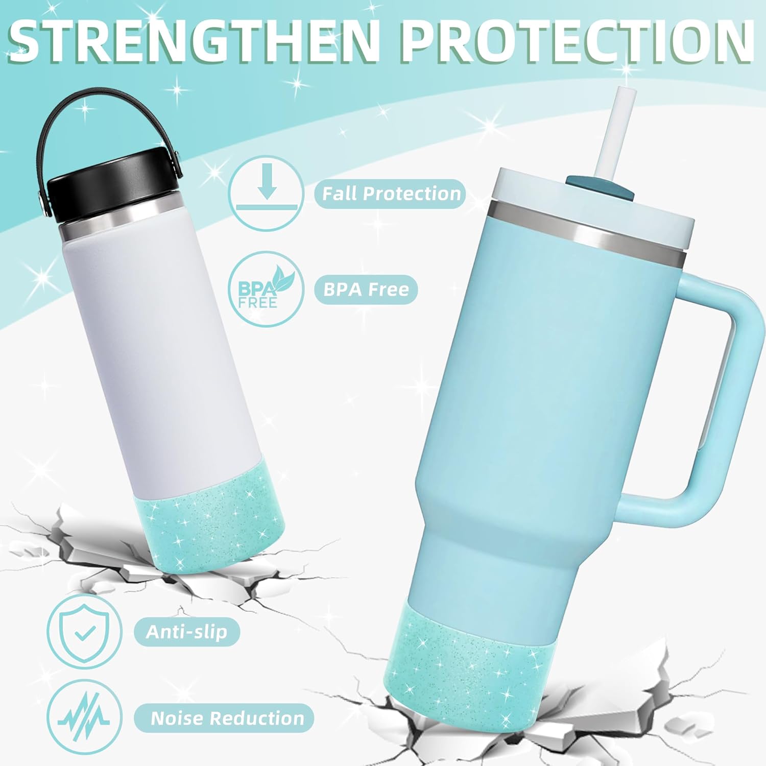 Vmini Funda protectora de silicona con purpurina, compatible con vaso Stanley de 20 a 40 onzas y botella de agua Hydro Flask de 12 a 24 onzas y más