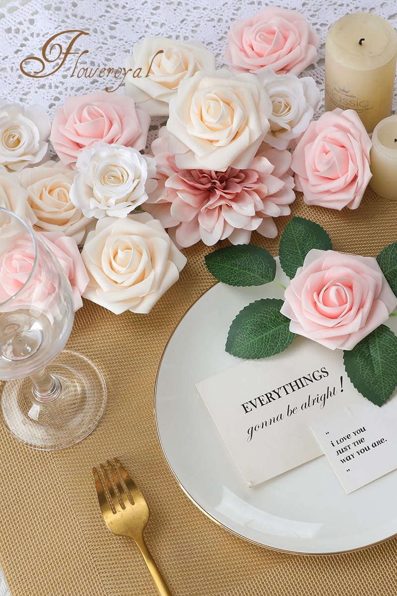 Floweroyal Flores rosas artificiales de color rosa, flores falsas de dalia con tallos para ramos de novia de boda, baby shower, arreglo floral,
