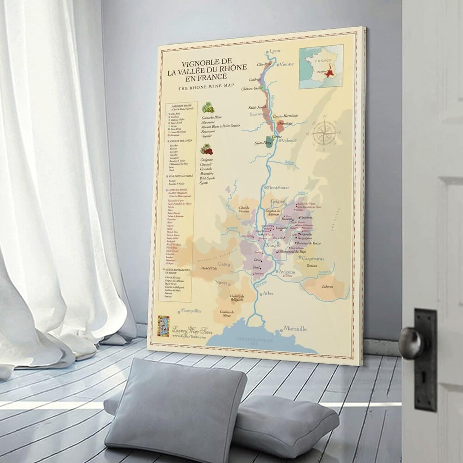 BETSON Póster de Francia, mapa del valle del Ródano septentrional, mapa de regiones vinícolas, póster en lienzo para decoración de pared, pintura