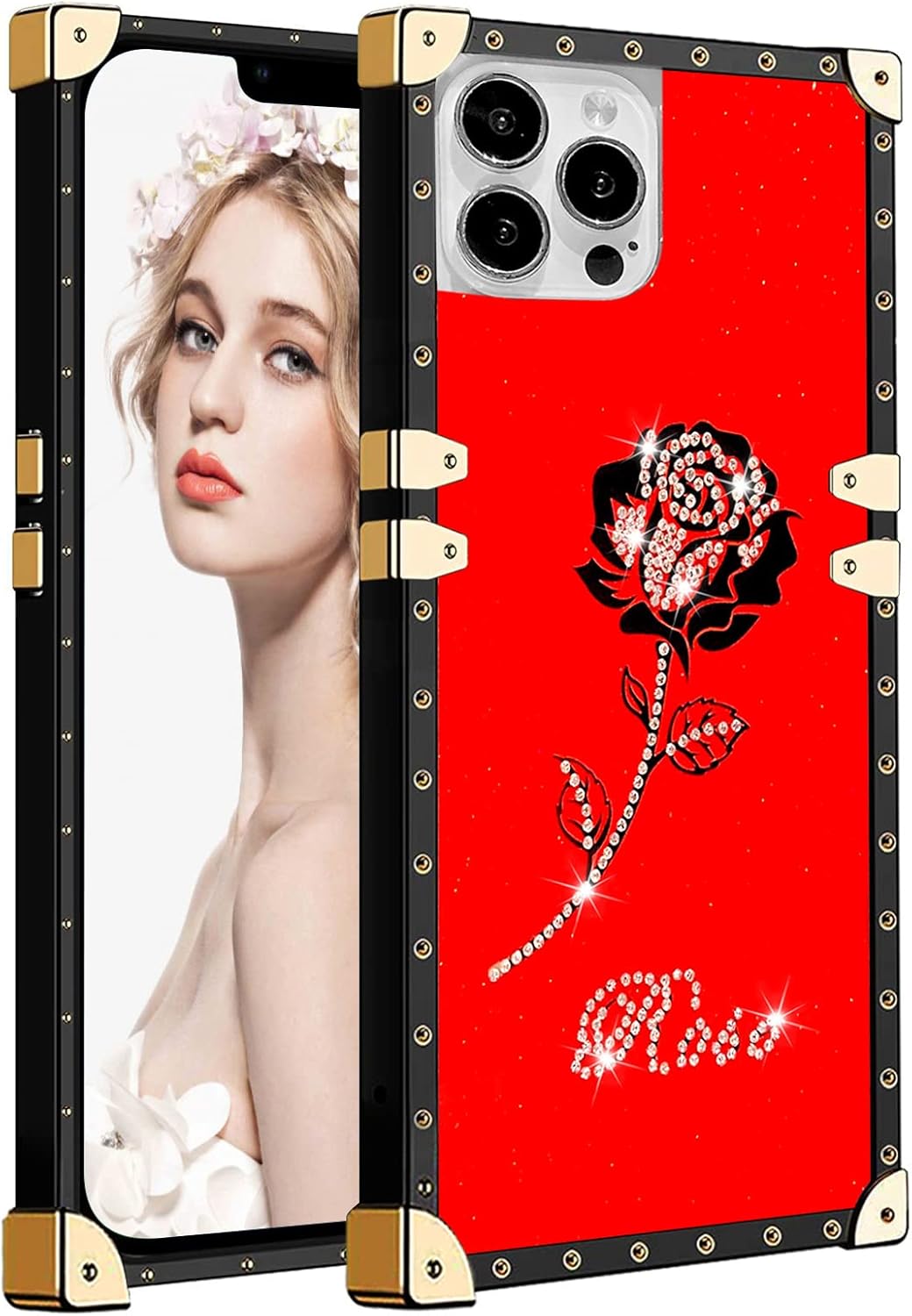 Funda protectora cuadrada retro con purpurina compatible con Samsung Galaxy A13 4G, funda protectora con borde de metal TPU suave para niñas y