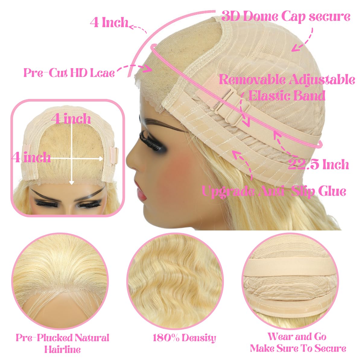 Wear and Go – Pelucas de cabello humano sin pegamento, precortadas con encaje frontal rubio 613, peluca de cabello humano 4×4, ondulado, densidad
