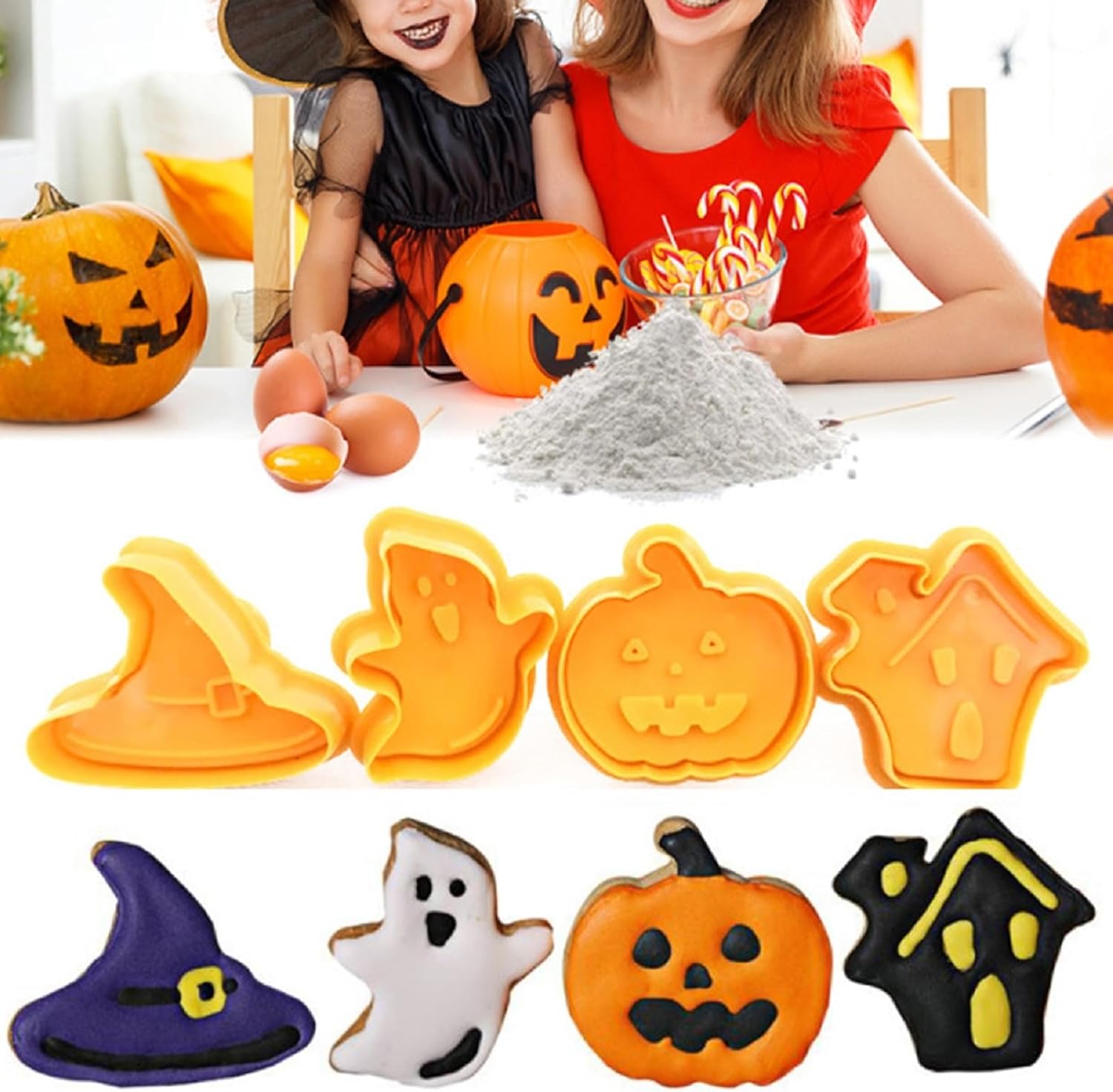 Juego de 4 cortadores de galletas de Halloween, moldes 3D para cortar galletas de casa encantada, sombrero de bruja, fantasma, calabaza, fondant,