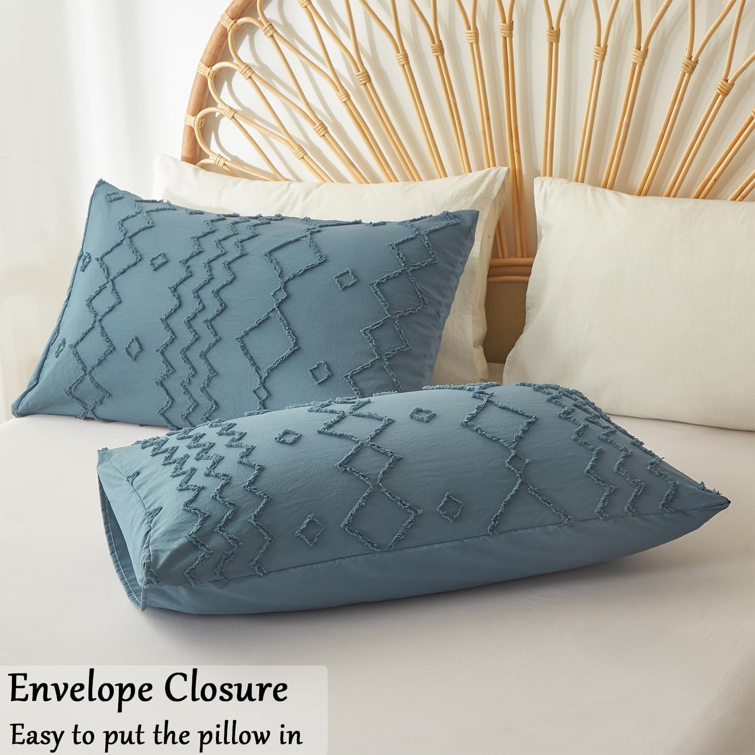Funda de edredón tamaño King, funda de edredón azul copetuda con patrón geométrico de rombos jacquard, juego de ropa de cama de 3 piezas con textura