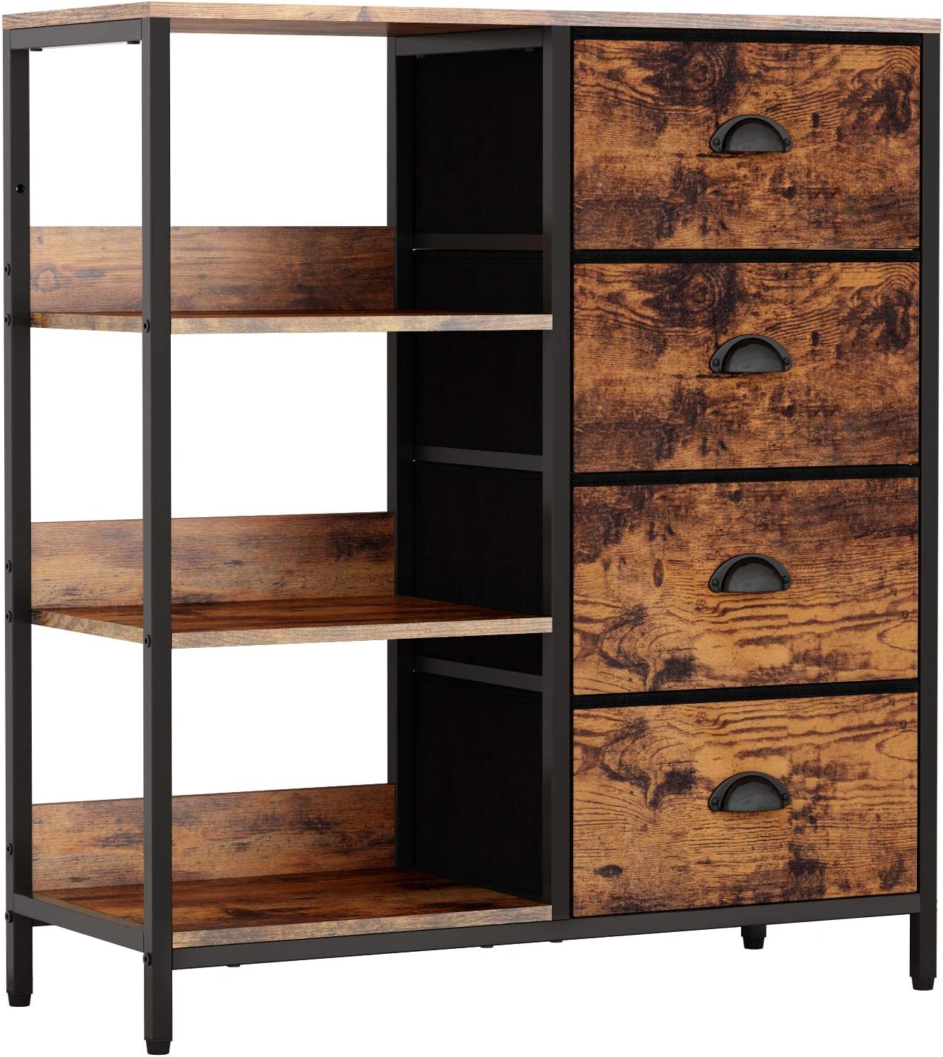 Furologee Cómoda de tela con 4 cajones y estante lateral, organizador industrial ligero para entrada, dormitorio, mesita de noche, oficina, cocina