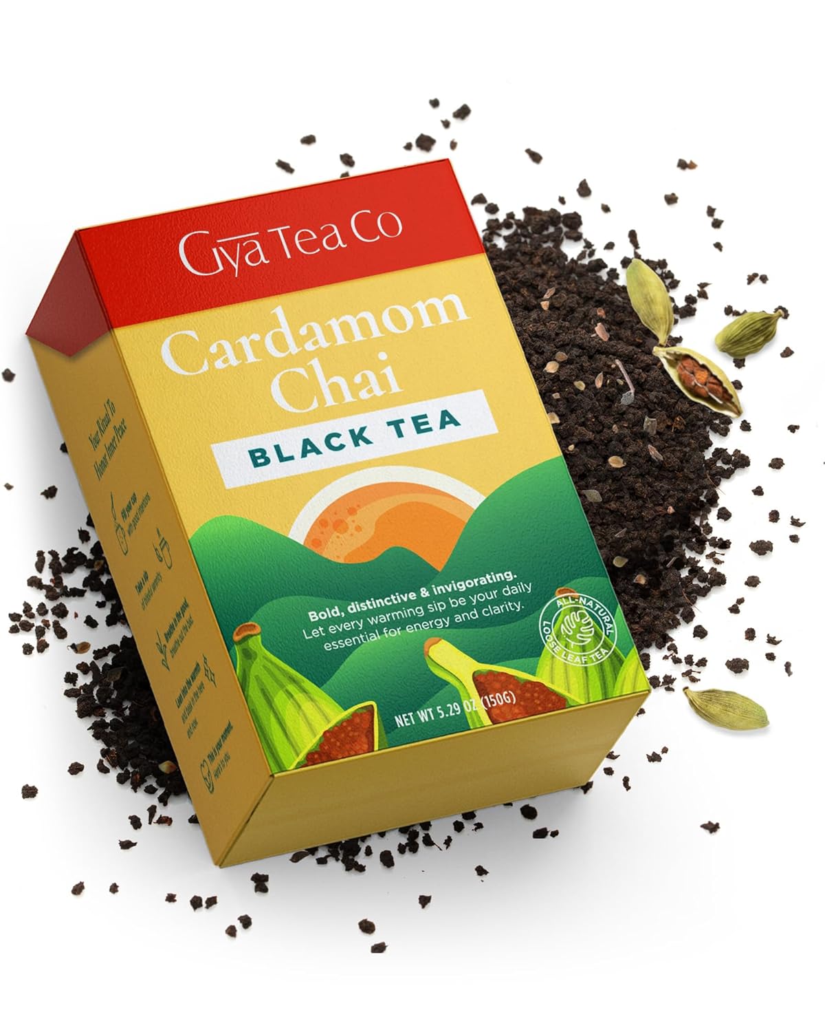 Gya Tea Co Té negro Chai de hoja suelta, té de cardamomo con cafeína, sin calorías, té de cardamomo con cafeína, té de hojas sueltas 100% natural