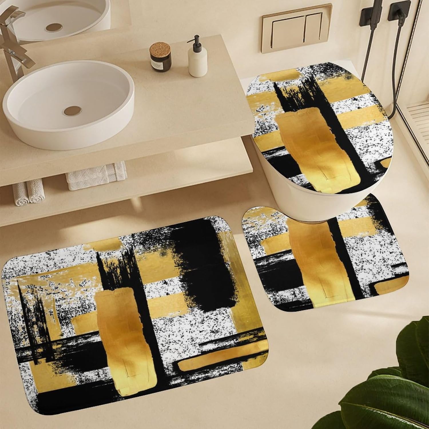 Juego de 4 cortinas de ducha de arte geométrico moderno abstracto, estilo grunge, negro, blanco, dorado, impreso, juego de decoración de baño con