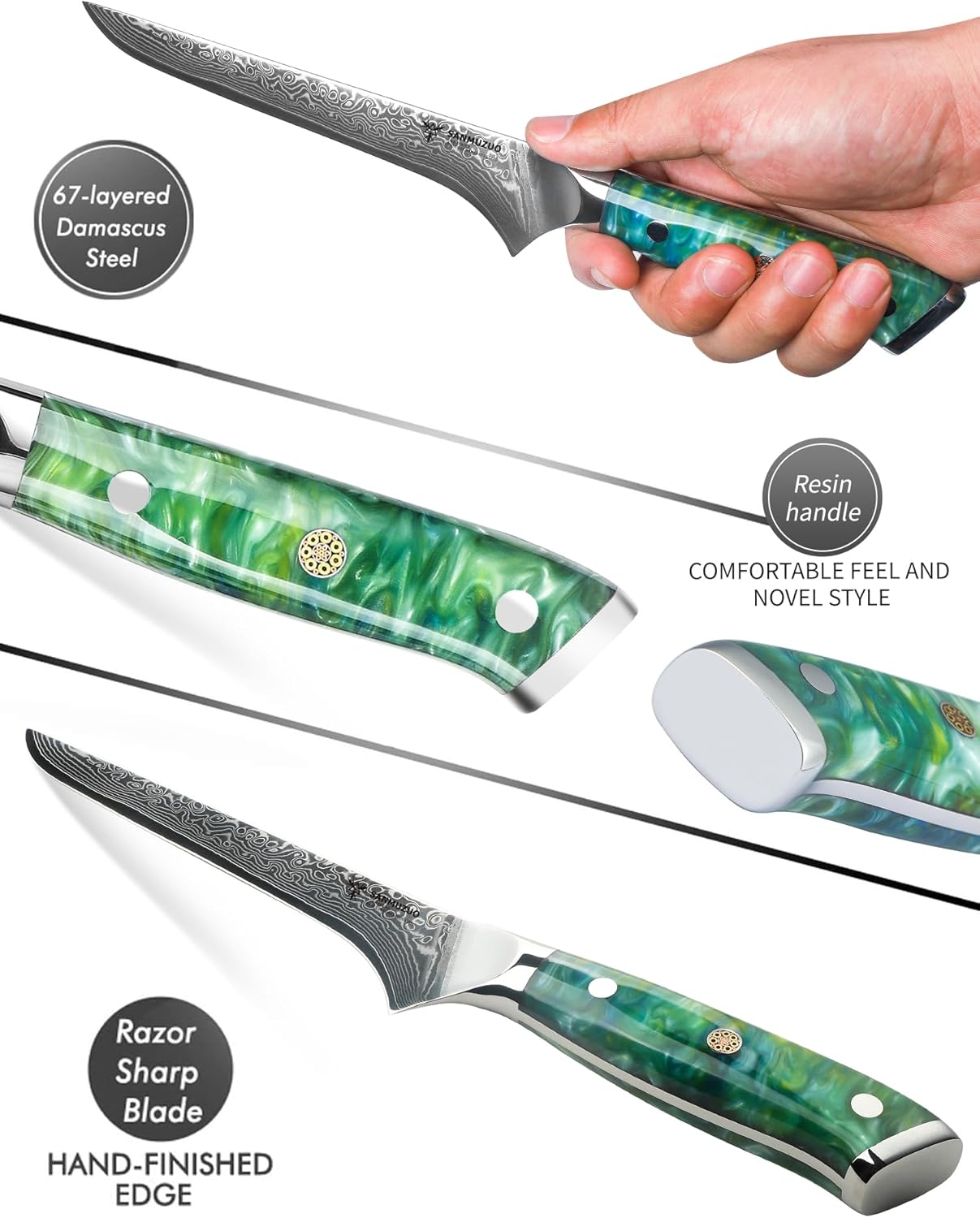 SANMUZUO Cuchillo Bonning – Cuchillo de filete de 7 pulgadas – Serie Xuan – Cuchillo de corte de carne de acero Damasco VG10 – Mango de resina