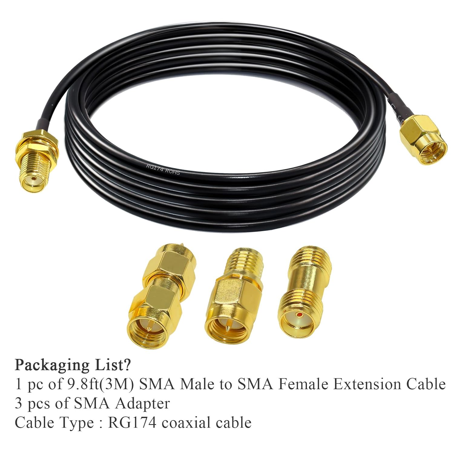 RG174 SMA Cable de extensión de antena SMA, cable coaxial SMA macho a hembra de baja pérdida de 9.8 pies (9.8 ft) + 3 conectores adaptadores