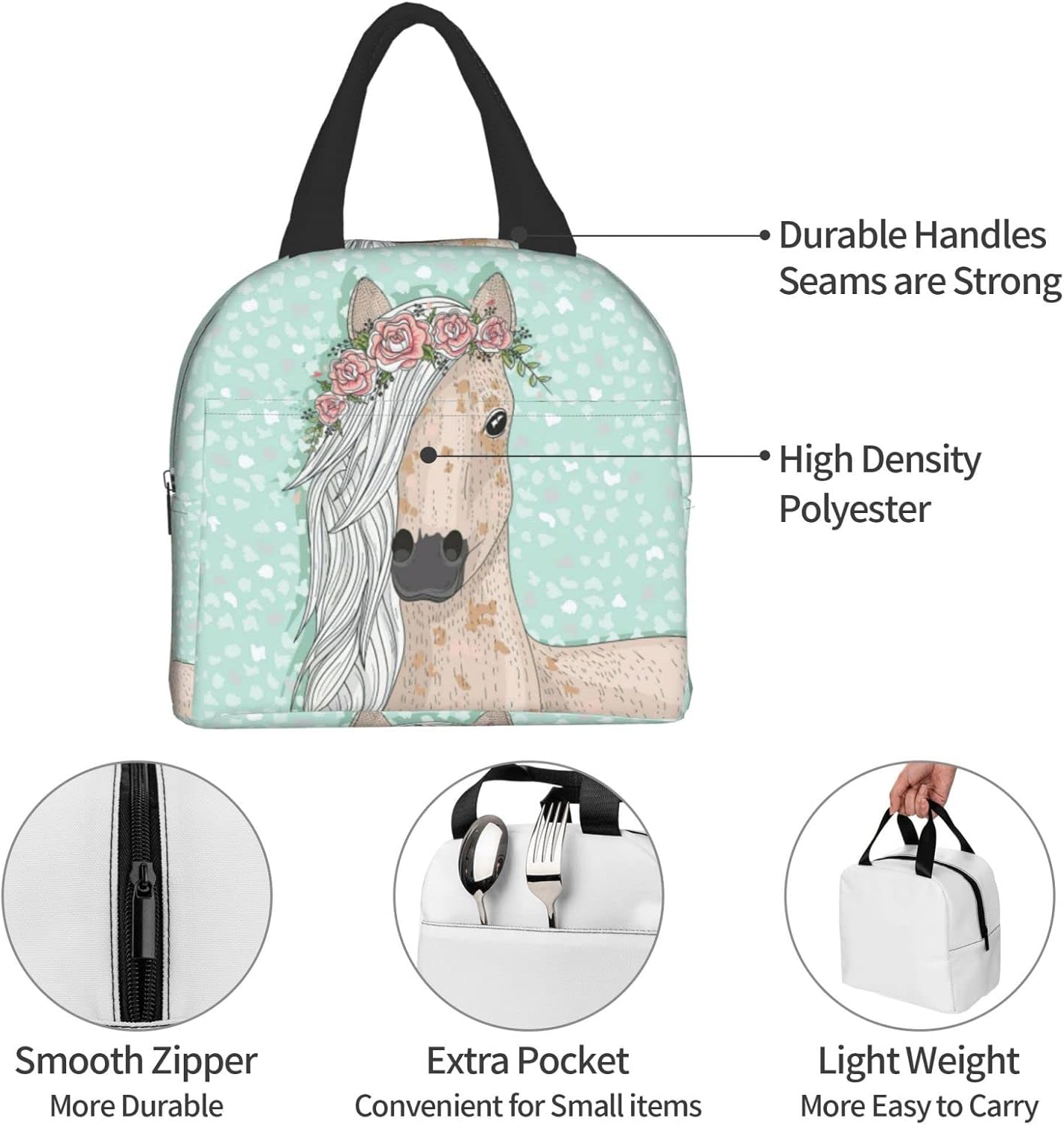 Bolsas de almuerzo para mujer, con aislamiento térmico y reutilizable, con diseño de caballo, bolsa de almuerzo para el trabajo, picnic al aire
