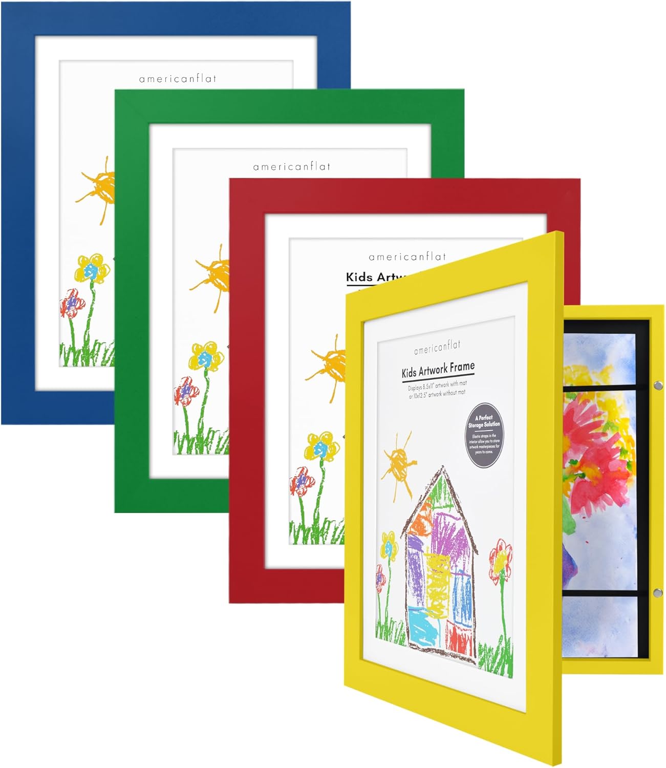 Americanflat Marco de arte infantil de carga frontal multicolor  Marco de 8.5 x 11 pulgadas con paspartú y 10 x 12.5 pulgadas sin paspartú  Marcos