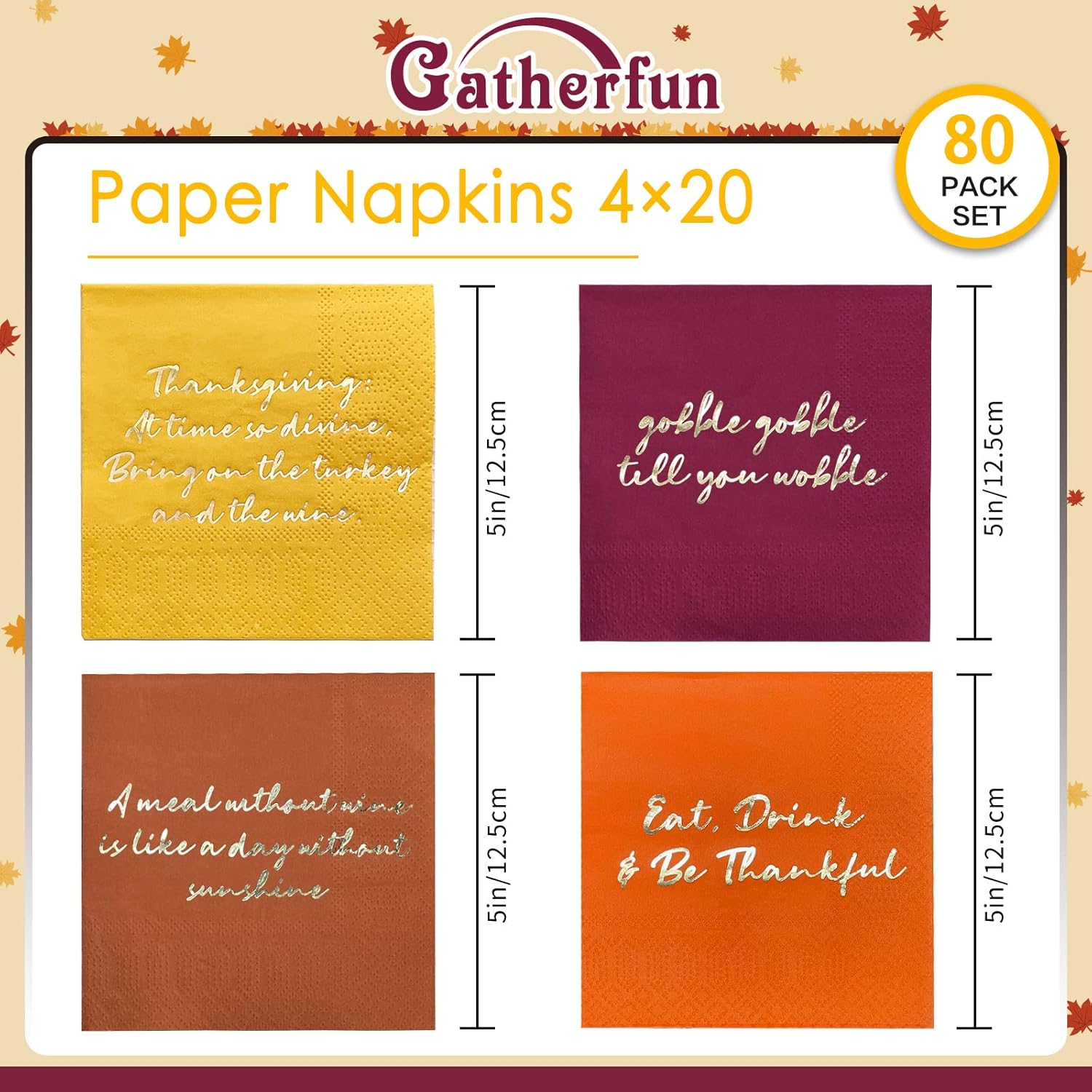 Thanksgiving Party Supplies, Golden Autumn Paper Beverage Napkins, Paper Cocktail Napkins for Autumn Party Decorations and Thanksgiving Party
